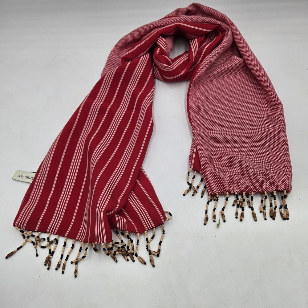 ANN TAYLOR Rayon Red Reversible Rectangle Fringed Floral Scarf 55" x 12" Striped